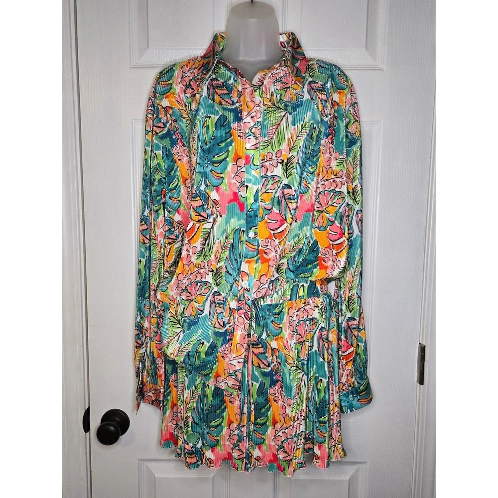 Jess Lea Tropical Floral Pleated Two Piece Set Shirt and Shorts Teal Pink Medium